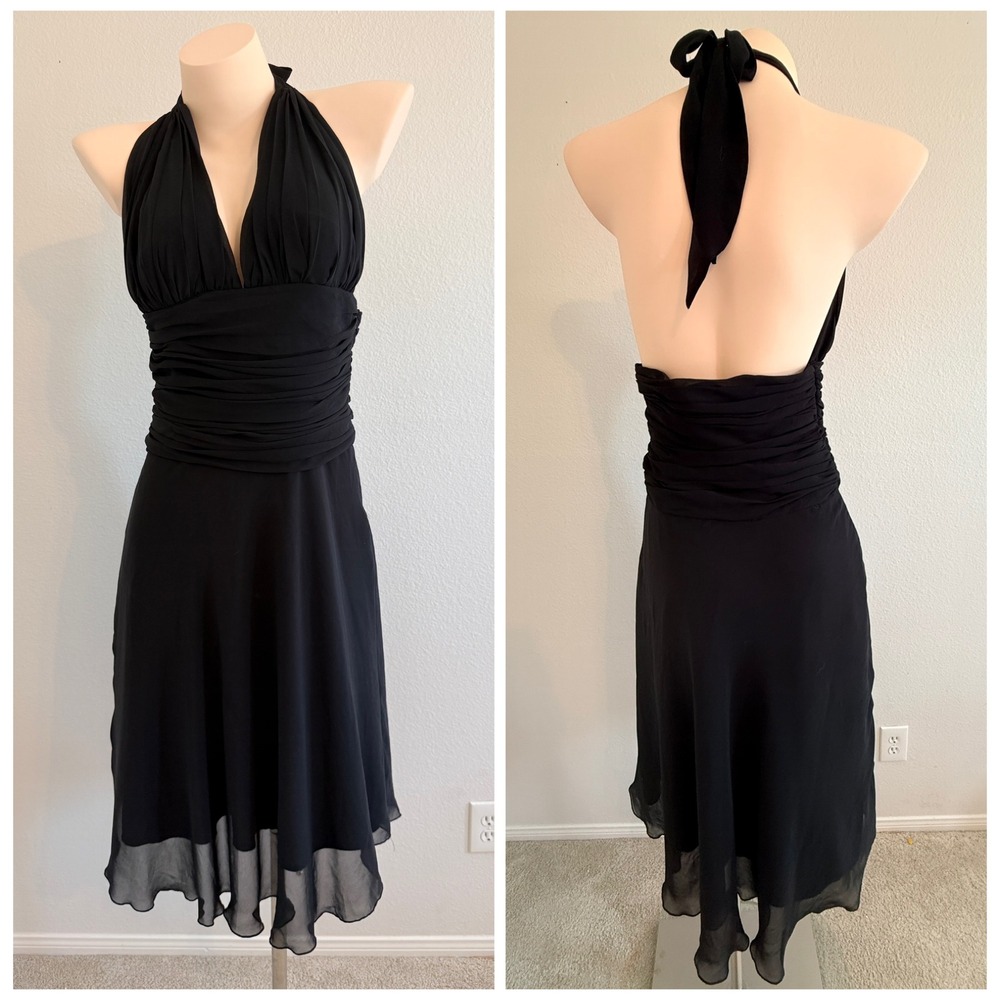 Vintage Silk Black Halter Midi Dress